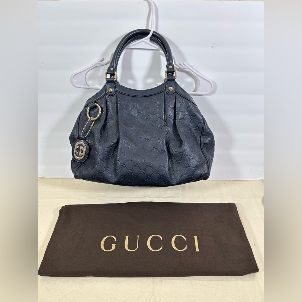 Gucci GG Leather Should Bag Dark Blue Gold Hardware